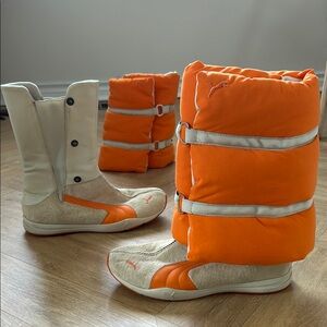 VINTAGE Puma Women's Orange and Beige Removable Puff Boots